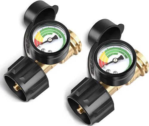 Paquete de 2 medidores de tanque de propano, medidor de parrilla de gas para tanque de propano de 5 a 40 libras, escala de 3 temperaturas, indicador