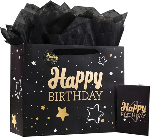 Powbrace Bolsa de regalo de cumpleaños negra con papel de seda y tarjeta de felicitación, 13 x 10.2 x 4.9 pies, mediana (juego de 1 pieza, cielo 1