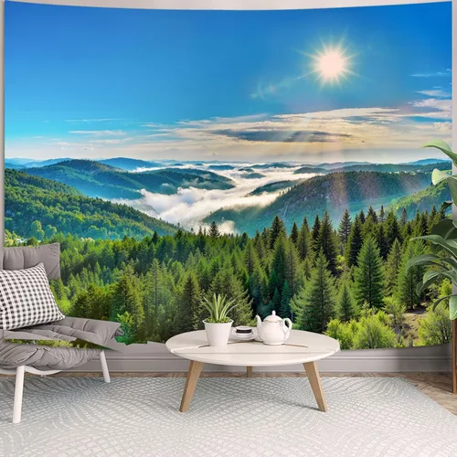 Miniatura 5 de Zussun Tapiz de Bosque Natural de Montaña Tapiz Verde de Pino Luz Solar Selva para Dormitorio Estético Planta Paisaje de Montaña Tapices Pequeños