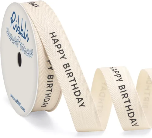 Ribbli Cinta de algodón para cumpleaños, cinta de sarga natural de algodón con texto en inglés «Happy Birthday» color negro, cinta estilo granja,
