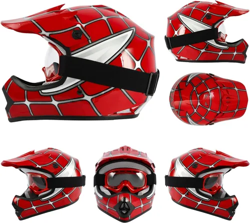 Miniatura 8 de TCT-MOTORPARTS - Casco para niños o jóvenes con lentes y guantes, aprobado por el DOT, modelo de araña roja, para motocross, cuatrimoto, moto