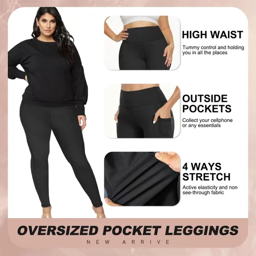 Miniatura 4 de YOLIX Paquete de 2 leggings de talla grande con bolsillos para mujer, leggings de entrenamiento negros de cintura alta 2X 3X 4X