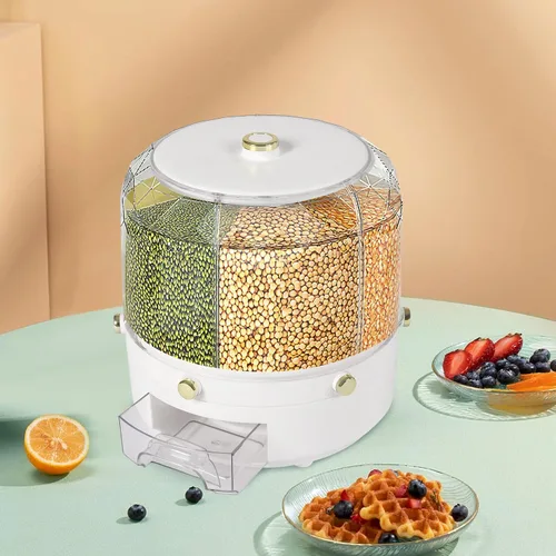 Dispensador de arroz giratorio de 6 rejillas, contenedor de almacenamiento de granos giratorio de 360°, cubo de almacenamiento de granos de azúcar
