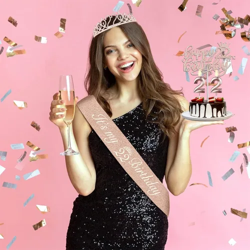 Miniatura 2 de Decoraciones de cumpleaños de 22 años para mujer, que incluyen banda y tiara, adorno para pastel y velas; regalos de cumpleaños de 22 años