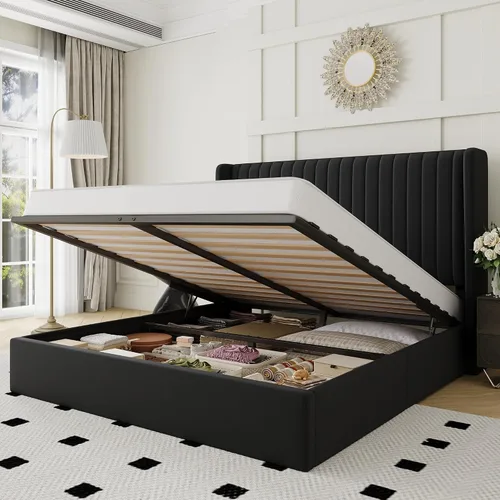 Miniatura 15 de Allewie Base de cama de almacenamiento elevable de tamaño matrimonial, sistema de soporte hidráulico, marco de cama de plataforma tapizada