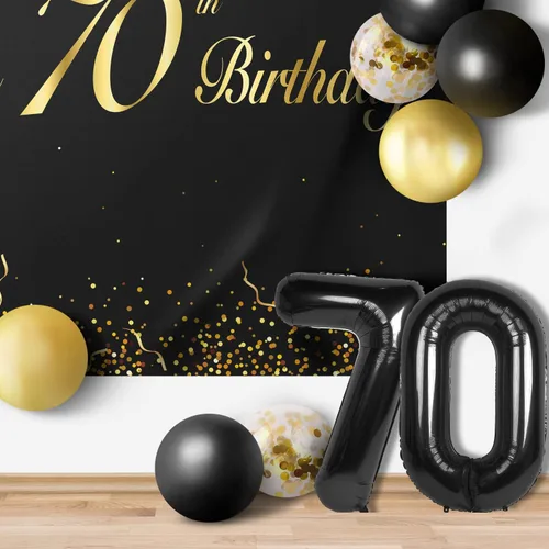 Miniatura 6 de Juego de globos negros de feliz cumpleaños 70 – Decoración de guirnalda temática de fiesta con texto en inglés "Cheers to 70 Years Old Party Theme