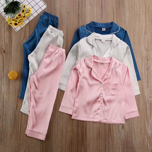 Miniatura 4 de Conjunto de pijama de satén para bebés y niños pequeños, pijamas de manga larga con botones para niñas