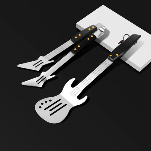 Miniatura 2 de Rock Guitar Style - Juego de herramientas de barbacoa de acero inoxidable resistente, 2 piezas, espátula y pinzas con mango de madera