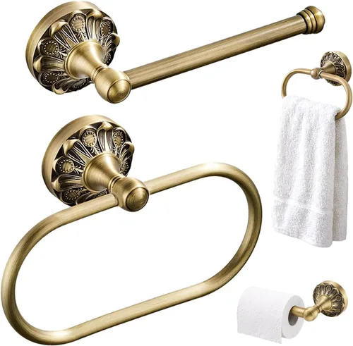 Juego de 2 piezas de soporte de papel higiénico de latón antiguo y anillo de toalla, accesorios de baño vintage, soporte de toalla de mano de latón