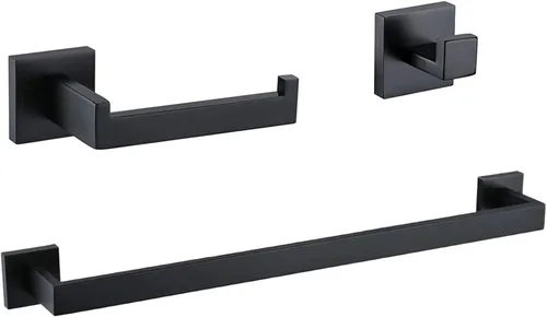 Ralbay Toallero de 24 pulgadas, color negro mate, juego de 3 piezas de acero inoxidable SUS 304 estilo cuadrado, juego de toallero montado en la