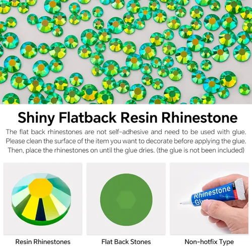 Miniatura 4 de Diamantes de imitación AB verdes a granel, 5000 piezas de diamantes de imitación de fondo plano redondos de gelatina AB sin fijación térmica, gemas