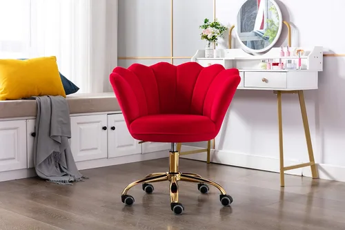 Miniatura 2 de Silla de trabajo cómoda para oficina en casa con ruedas, bonita y moderna tapizada de terciopelo con respaldo de concha, silla de escritorio de Rojo
