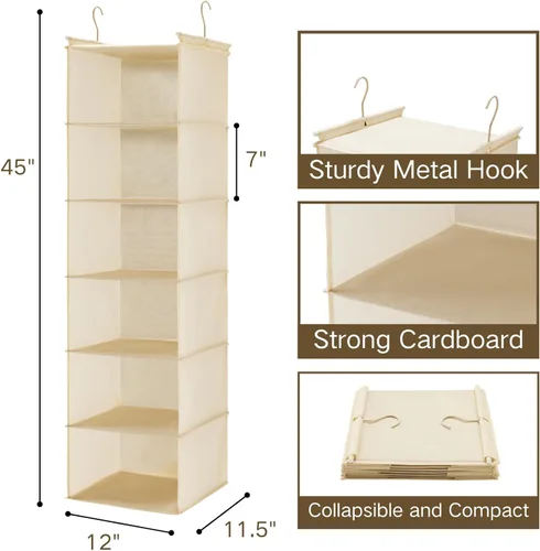 Miniatura 3 de MAX Houser Organizador colgante de armario de 6 niveles, estante colgante de tela con 2 ganchos resistentes para almacenamiento, plegable (beige)
