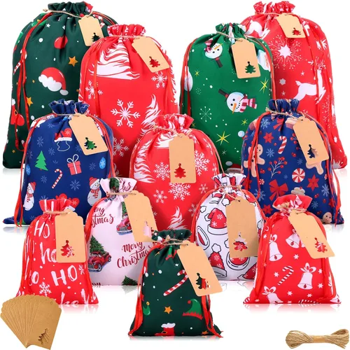 Chumia 12 bolsas de regalo de tela de Navidad con cordón, bolsas de tela reutilizables para regalo de Navidad en rojo y blanco y 12 etiquetas de