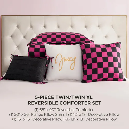 Miniatura 3 de Juego de edredón reversible de cuadros de Juicy Couture, juego de 5 piezas tamaño individual/individual XL, negro/rosa intenso