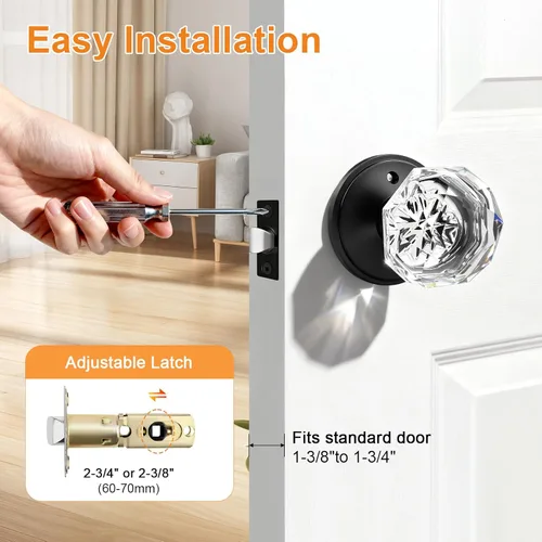 Miniatura 5 de Gobrico Pomo de puerta de cristal para dormitorio y baño con roseta clásica negro mate, diamante transparente octogonal para puerta interior, 1