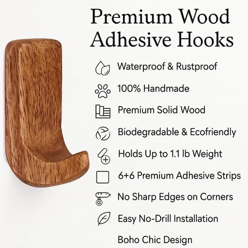 Miniatura 4 de Indian Shelf Ganchos decorativos de pared adhesivos de madera, ganchos bohemios sin daños para llaves, joyas, correas y accesorios ligeros, 6