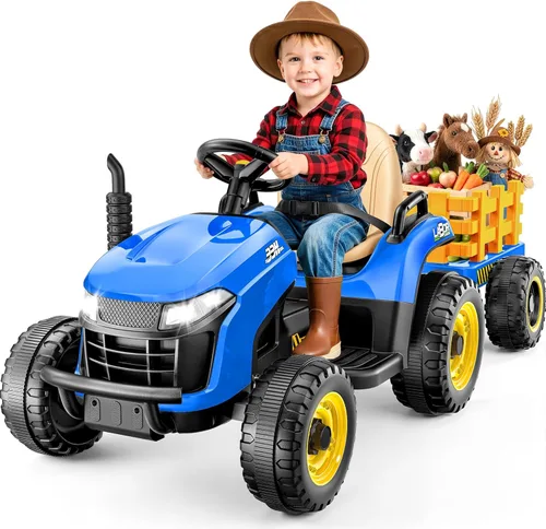 ARBELI Tractor de paseo de 12 V 7 AH con remolque inclinable y control remoto, motores de 2 x 45 W, Bluetooth, música, palanca de cambios, automóvil