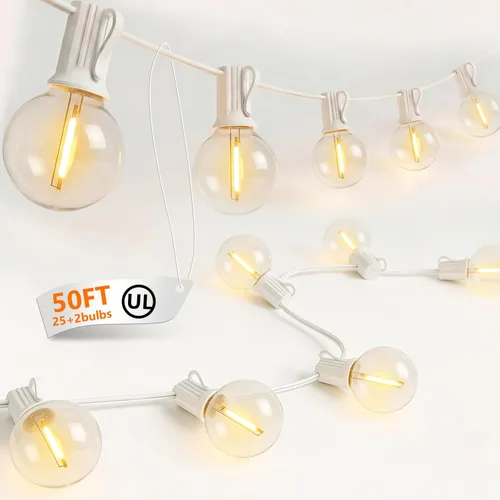 Miniatura 13 de Cadena de luces para exteriores de 50 pies con bombillas G40, luces impermeables para patio con 27 bombillas LED inastillables (2 repuestos)