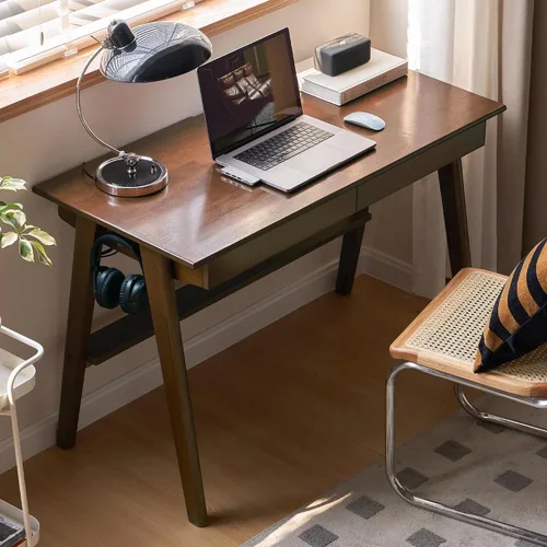 Miniatura 15 de Escritorio de madera maciza con acabado de nogal, escritorio pequeño para oficina en casa, escritorio de computadora para espacios pequeños