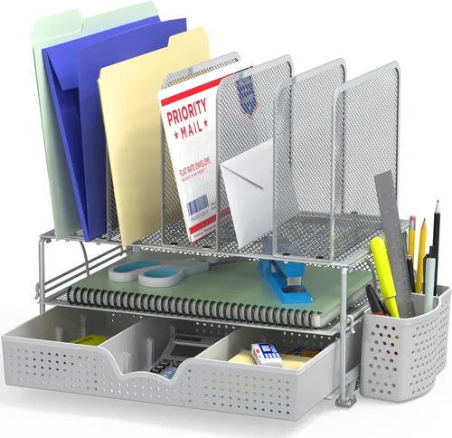 Miniatura 8 de Organizador de escritorio SimpleHouseware de malla con cajón deslizante, doble bandeja y 5 secciones verticales, color negro