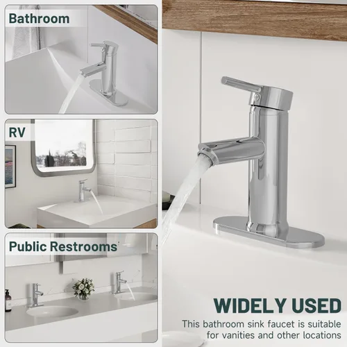 Miniatura 6 de Grifo mando de una sola pieza para fregadero de baño con desagüe desplegable sin desbordamiento Cromo