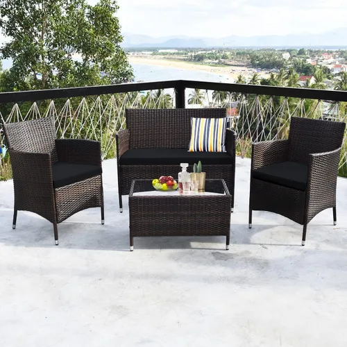 Miniatura 5 de Juego de sofá de patio de 4 piezas, juego de conversación de mimbre con respaldo ergonómico curvo, juego de muebles de ratán para patio con cojín