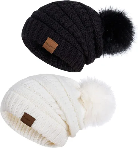 Beanies Women with Pom, Winter Hats for Women with Thick Warm Fleece Lining Cold Weather, Beanie Hats for Women Knit Slouchy