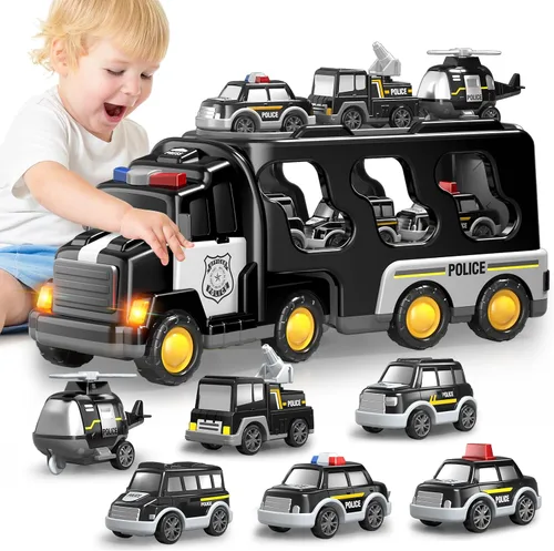 Miniatura 11 de Beby Buty Camiones de Construcción 5 en 1 para Niños de 3-5 años, Juguetes de Coches y Camiones para Niños Pequeños con Luz y Sonido, Incluye Grúa