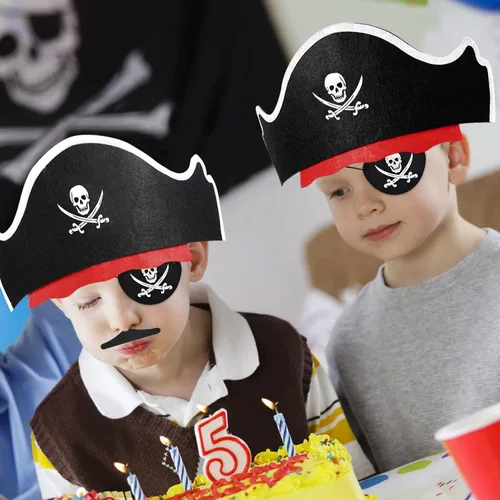 Miniatura 8 de Halatool 36 piezas de accesorios piratas para niños, juego completo de fiesta pirata para 12 personas con sombreros de fieltro suave, parches