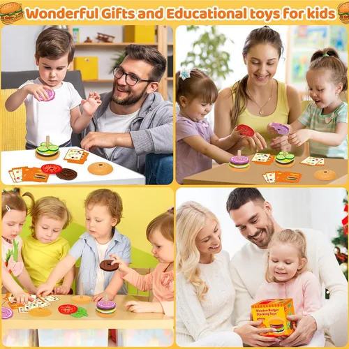Miniatura 7 de Jumlys Montessori Juguetes de Madera Apilables de Hamburguesa para Niños de 2, 3, 4, 5 Años, Juguetes de Motricidad Fina para Niños y Niñas