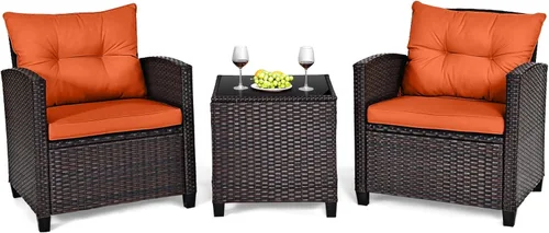 Miniatura 21 de HAPPYGRILL Juego de conversación para patio de 3 piezas, juego de muebles de exterior de sofá de ratán PE con cojines removibles, sillas de mimbre