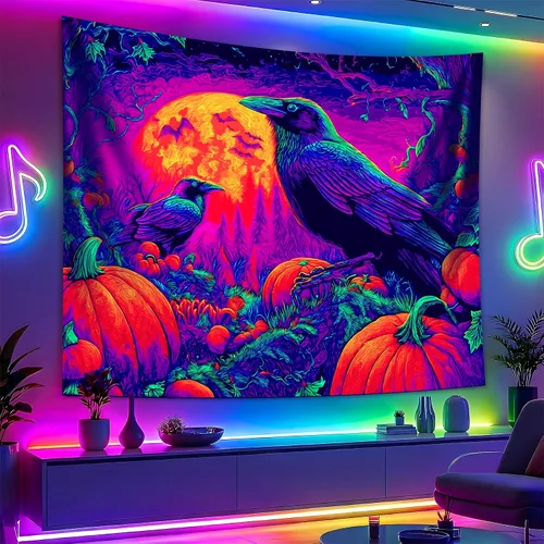 Miniatura 17 de BVBOX Tapiz de Halloween con luz negra, reactivo a los rayos UV que brilla en la oscuridad, póster de tapiz trippy con luz negra para sala de estar