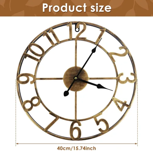 Miniatura 2 de Reloj de pared grande, reloj de pared redondo silencioso de 16 pulgadas, sin tictac, funciona con pilas, reloj de pared de hierro rústico vintage