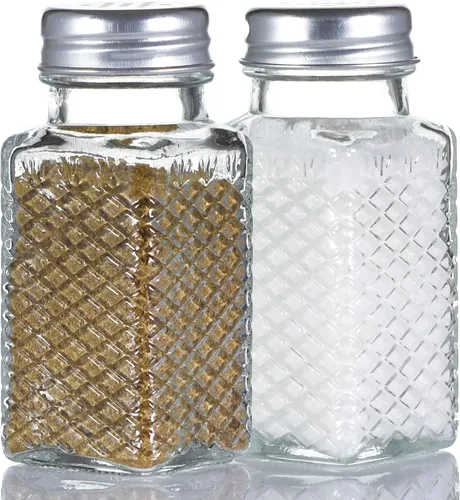 Juego de 2 saleros y pimenteros de cristal, mezcladores de especias vintage para mesa de comedor, cocina, restaurante (patrón de cuadrícula)