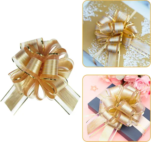 Miniatura 4 de Paquete de 12 lazos grandes de 6 pulgadas para envolver regalos, lazos de cinta para cestas de regalo de boda, lazos de envoltura de regalo de Dorado