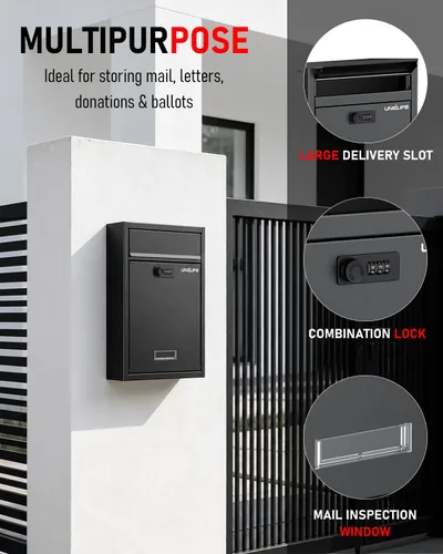Miniatura 5 de Uniclife Buzón de Montaje en Pared para Exterior, Buzón Grande con Cerradura de Combinación, Buzón de Seguridad para Casa, Caja Segura para Depósito