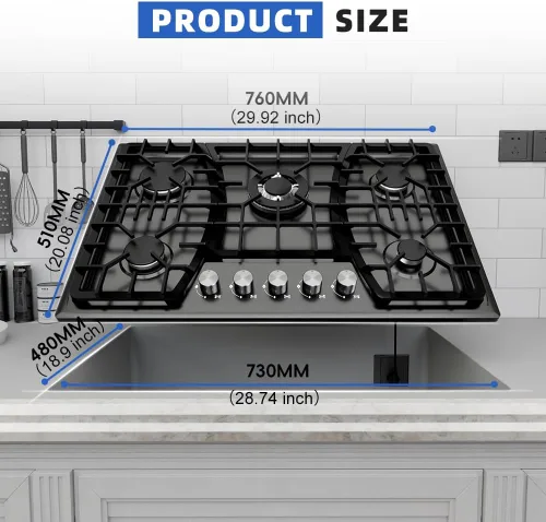 Miniatura 7 de Placa de cocina de gas de 30 pulgadas, estufa de 5 quemadores, encimera convertible de propano y gas natural integrada, encimera de acero inoxidable