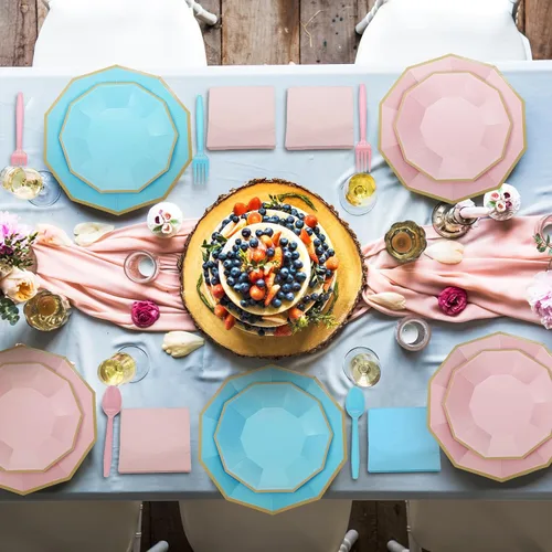 Miniatura 6 de Nitial 462 piezas de suministros para fiesta de revelación de género, vajilla para baby shower, niños o niñas, platos de revelación de género rosa