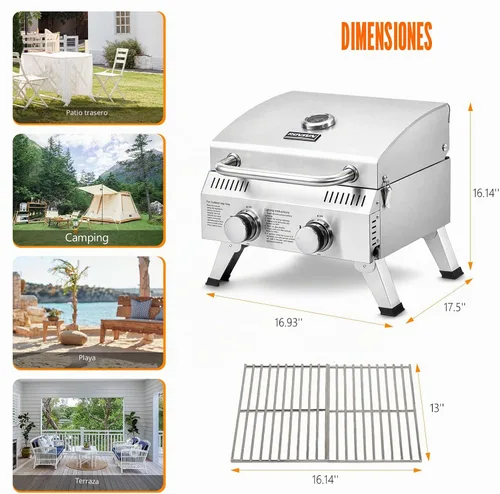 Miniatura 6 de ROVSUN Parrilla de gas portátil de 2 quemadores, 20000 BTU para exteriores, parrilla de propano con encendido, termómetro integrado y cuerpo