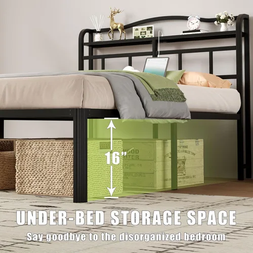 Miniatura 4 de SHOANED Base de cama de metal de 18 pulgadas, base de colchón básica de plataforma resistente de color negro con cabecera y estación de carga,