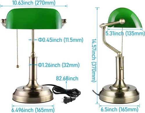 Miniatura 8 de TORCHSTAR Lámpara de escritorio de cristal verde con cadena de tracción, base E26 Base de acabado de latón, lámpara tradicional antigua para sala
