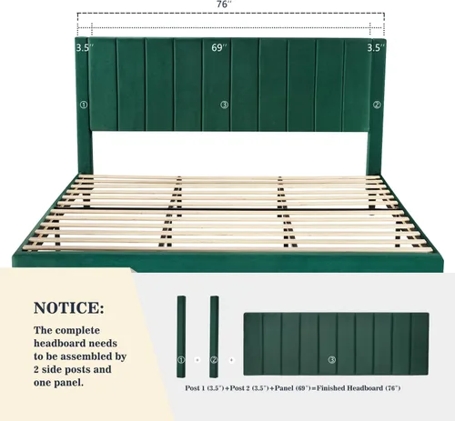 Miniatura 4 de Allewie - Base de cama tamaño King con cabecera acolchada tapizada en terciopelo y diseño acanalado vertical; plataforma de cama con resistentes