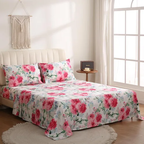 Miniatura 4 de JSD Juego de sábanas de acuarela con diseño floral de rosas, tamaño completo, 4 piezas, sábanas de microfibra suave estampada, bolsillo extra Floral