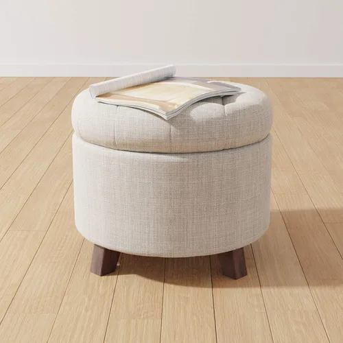 Miniatura 2 de Amazon Basics Reposapiés otomano redondo tapizado copetudo, arpillera beige, 20 pulgadas de ancho x 20 pulgadas de profundidad x 17 pulgadas de alto