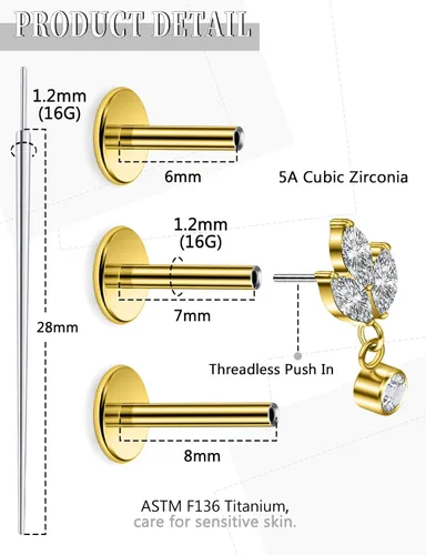 Miniatura 2 de 20G 18G 16G Astm F136 Titanio Sin Rosca Parte Trasera Plana Aretes Tragus Hélice Concha Joyería de Piercing Nariz Labio Anillos Hélice Frontal