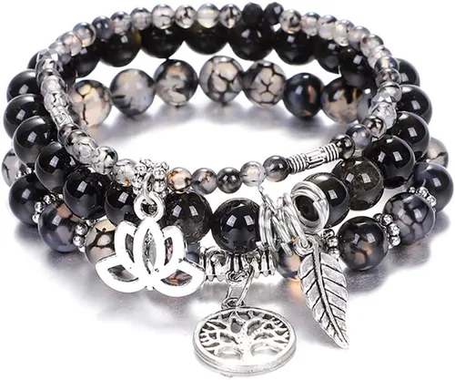 UEUC - Pulseras Reiki, apilables, de piedras curativas, cristales, con dije del árbol de la vida, yoga y hoja de loto, contra la ansiedad y para el