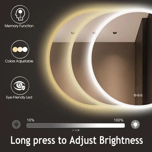 Miniatura 2 de S·BAGNO - Espejo de baño LED redondo de 24 pulgadas con luces, espejo de tocador antivaho montado en la pared, 3000 K/4000 K/6500 K, espejo