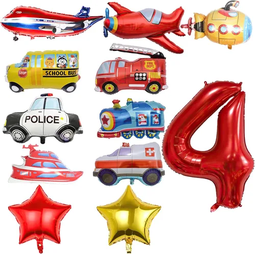 Miniatura 10 de 12 globos de transporte, camión, avión, autobús escolar, camión de bomberos, coche de policía, barco, ambulancia, submarino, globo de papel