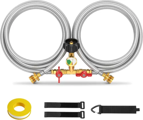 Miniatura 9 de Manguera divisora de propano de 5 pies de 2 vías con válvula de cierre, convertidor compatible con calentadores Camp Buddy, plancha parrilla Weber